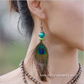Customized Retro Peacock Feather Earring With TurquoiseBead